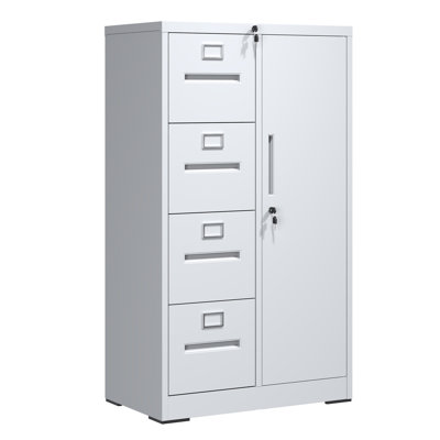 Metal Storage Vertical Filing Cabinet With Lock, Steel File Locker With 4 Drawers And 1 Door For School, Living Room, Bedroom, Office (White)