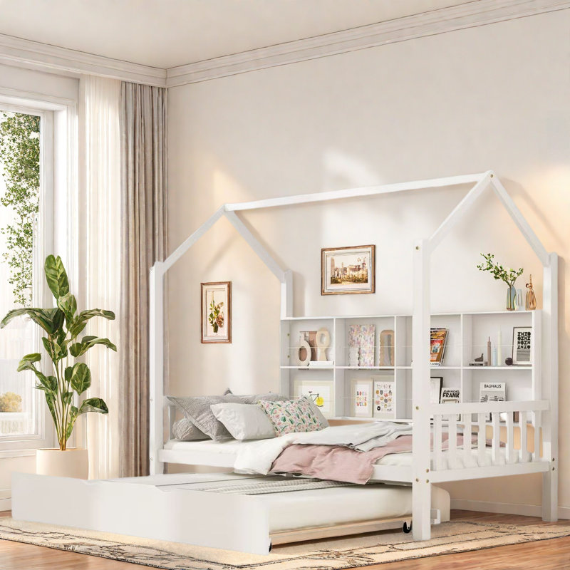 Wooden House Bed With Trundle And Shelves, Twin