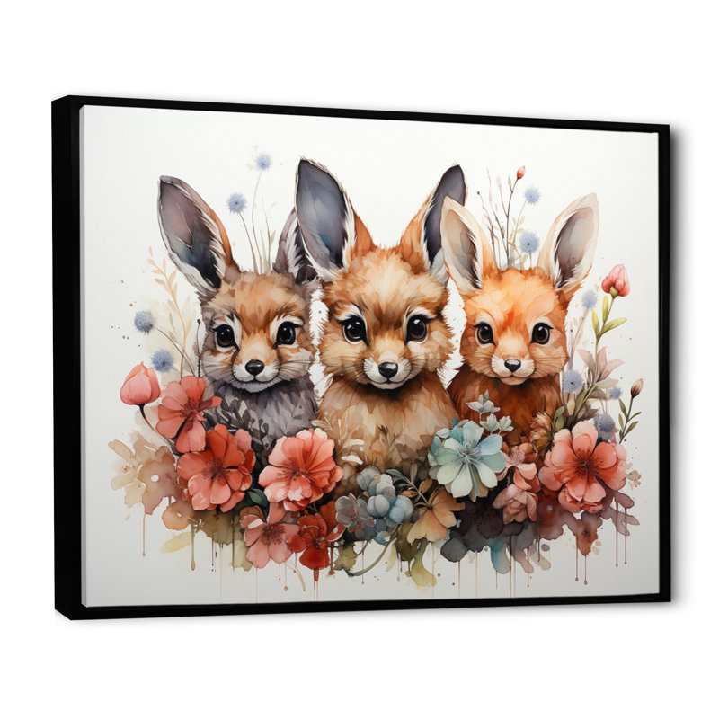 «Dry Watercolor Whimsical Animals» sur impression sur toile, H 24 po x l 32 po, Cadre flottant noir