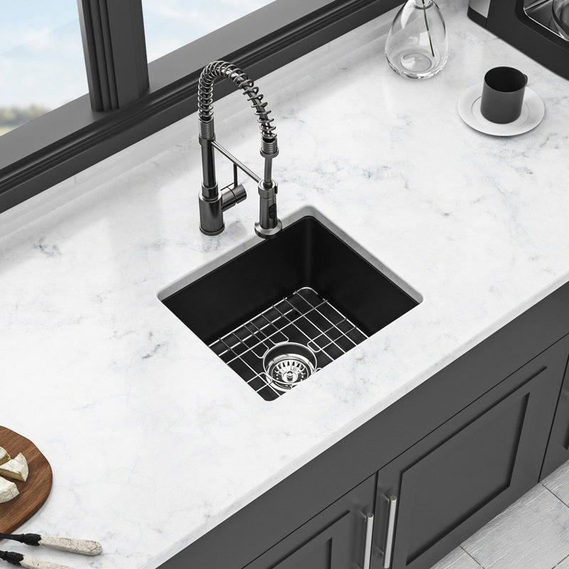 Black Quartz Undermount Kitchen Sink 18.14"X15.98" - Advanced Composite For A Stable Sink, Eliminates Noise And Dirt, Non Porous Cleaner Surfaces, Rounded Design, Comes With Guide Bottom Grid Granite