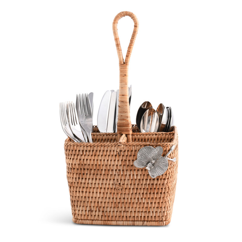 Natural Rattan Square Flatware Caddy with Pewter Orchid