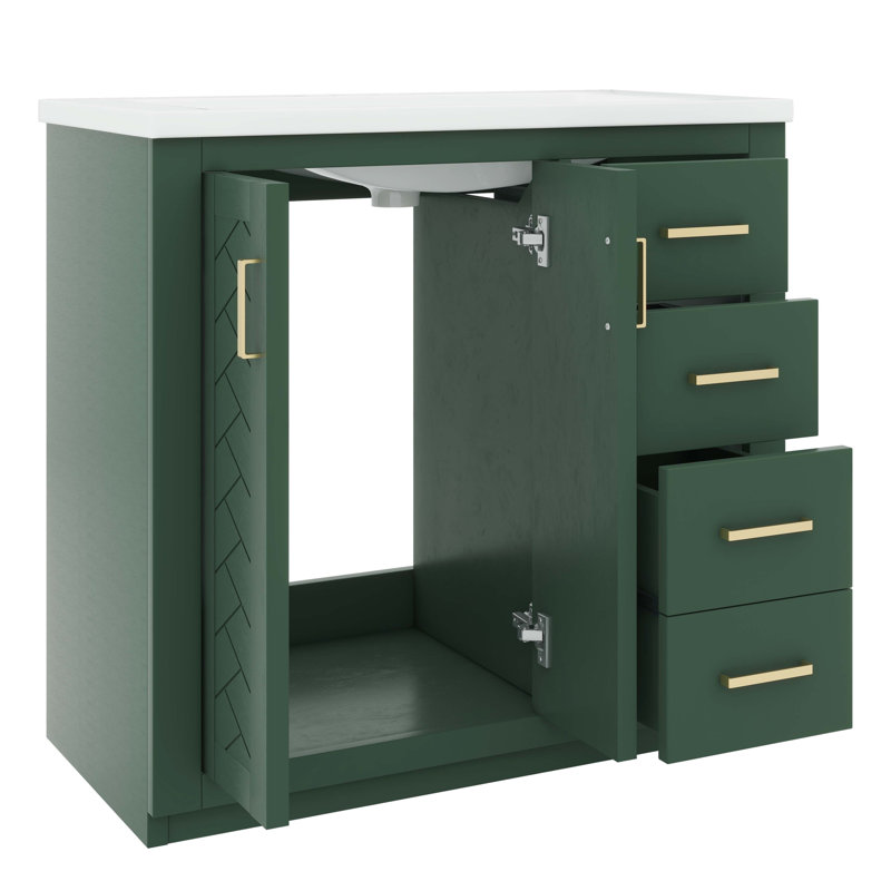 Ensemble de meuble-lavabo 36 po avec lavabo en céramique 36 po, meuble-lavabo autonome avec 3 tiroirs, Vert, Doré