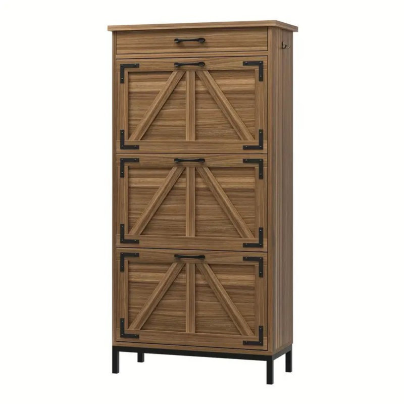 Shoe Cabinet With 3 Flip Drawers, Hidden Wood Shoe Cabinet, Freestanding Shoe Storage Cabinet With Top With Small Sliding Drawer For Entryway Hallway