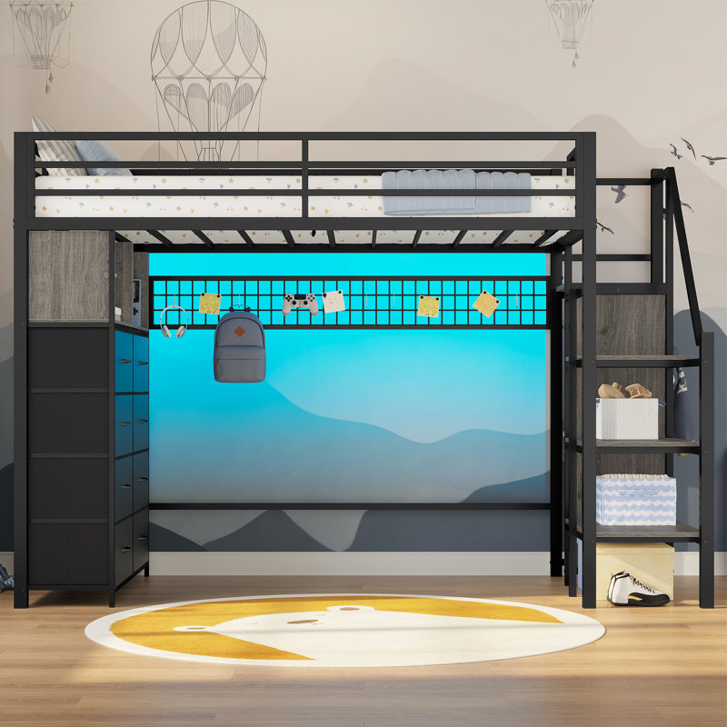 Twin Size Metal Loft Bed With Stairs, 8 Storage Drawers, Led Loft Bed With Storage Stairs, Gray