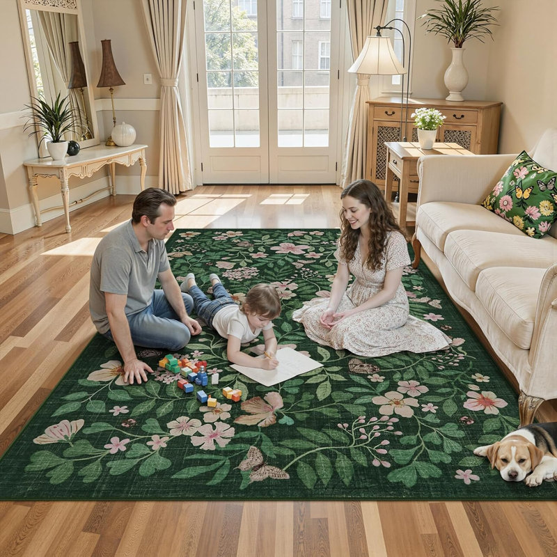  Floral Washable Area Rug Non-Slip Stain Resistant Low-Pile Boho Large Indoor Throw Carpet, Green/Pink, Rectangle 5' x 7'