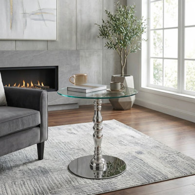 Table d'appoint Sumdeal Modern Round Glass - Table de bout en verre trempé de 19,7 po avec base en acier inoxydable antirouille - Table de chevet sans outil pour le salon, la chambre à coucher et les petits espaces (argent)