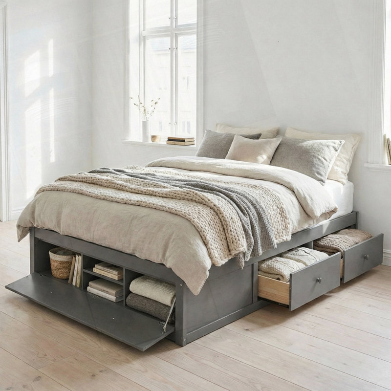 Base de lit plateforme moderne avec tiroirs et rangement au pied de lit, sans tête de lit, Armoire, Gris