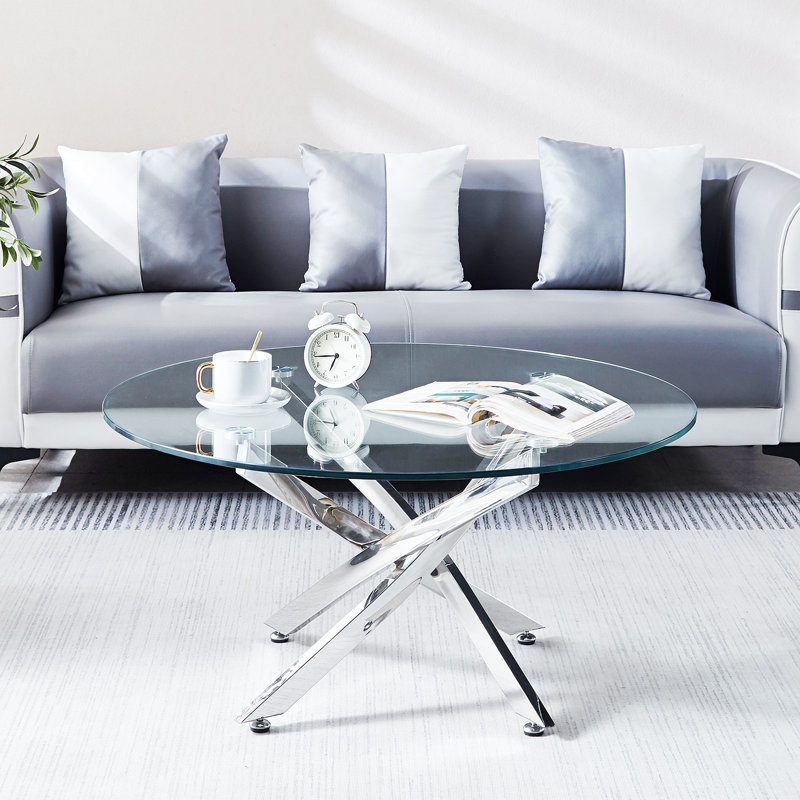 Landgraf Glass Top Round Coffee Table,Cocktail Table,Glass End Table, 17.7" H x 35.4" L x 35.4" W, Silver