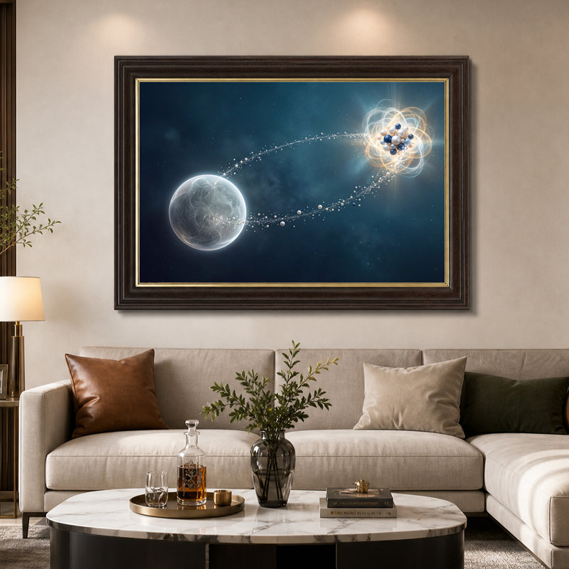 Art mural sur toile, "Atomic" bleu et blanc relié à une sphère translucide, H 16 po x l 24 po