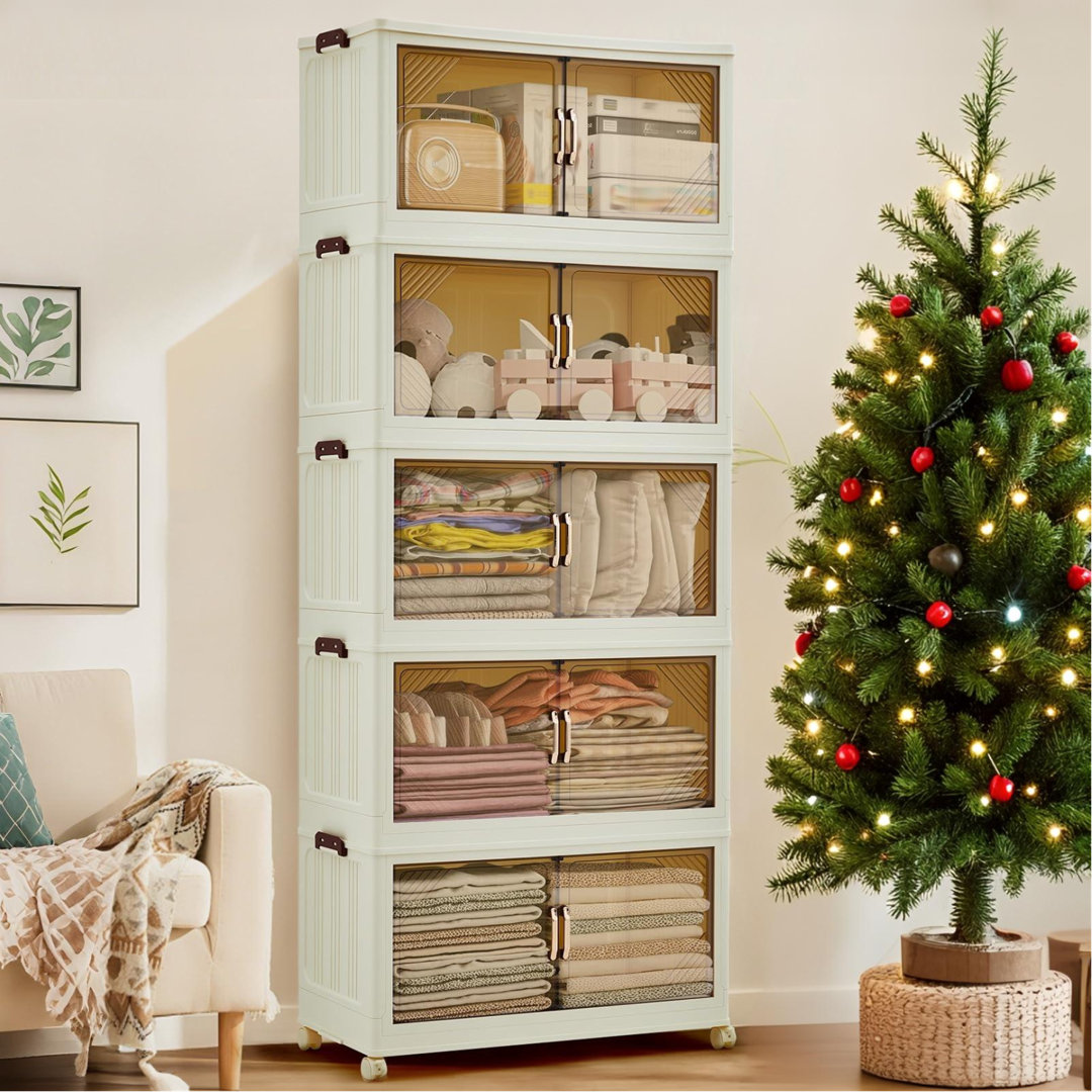 Stackable Storage Bins with Lids, Foldable Storage Drawers with Magnetic Doors & Wheels, Organizer Bins for Closet, Home, Office, Garage