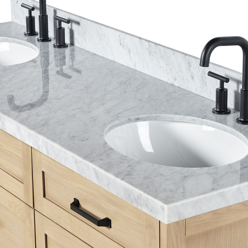 ARIEL Monroe 72 Double Sink Bathroom Vanity with Carrara Quartz Top, Oak, 66" - 67", Italian Carrara Marble