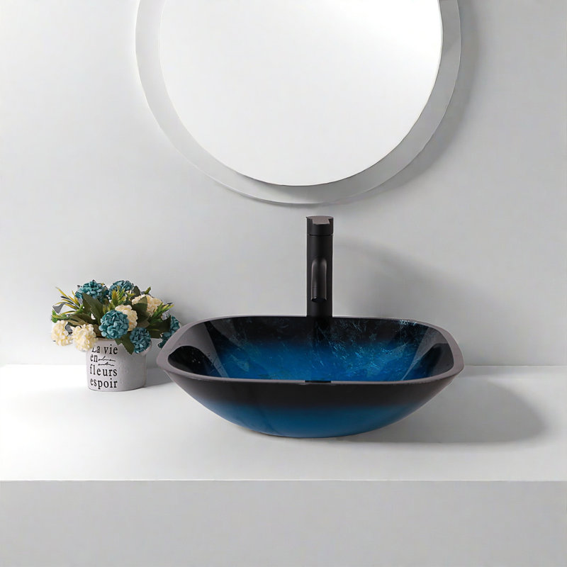 Lavabo de salle de bain vasque en verre trempé avec robinet et bonde escamotable