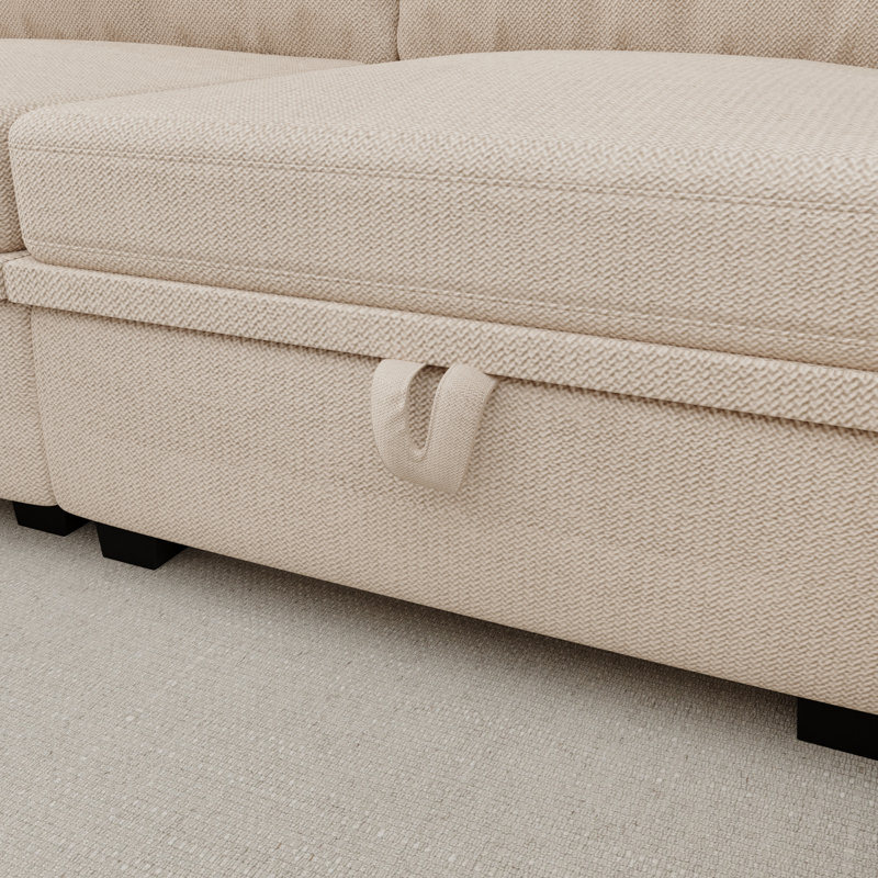 Ardenne 110“ Width U-Shaped Modular Couch with Reversible Chaise and Storage Seats, Beige 100% Linen