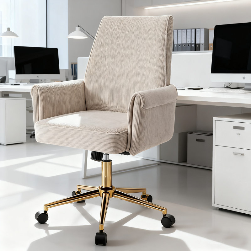 Modern Corduroy Office Chair, Ergonomic Desk Chair with Wheels, Adjustable Height Swivel Task Chair, Mid Back Computer Chair with Lumbar Support for Home Office Vanity Study