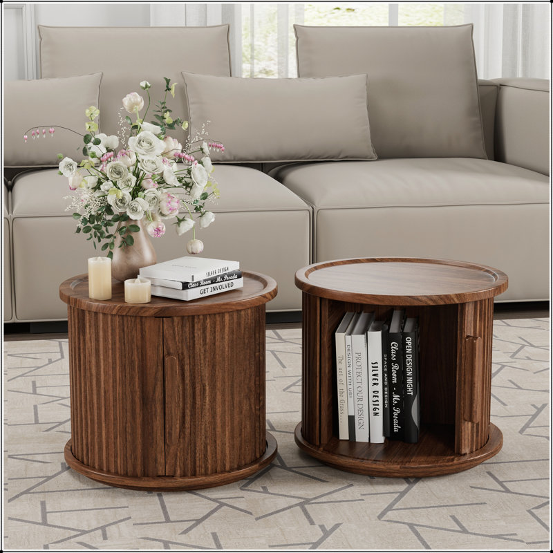 Ensemble de 2 tables basses rondes gigognes modernes avec rangement à porte coulissante pour le salon et la chambre.