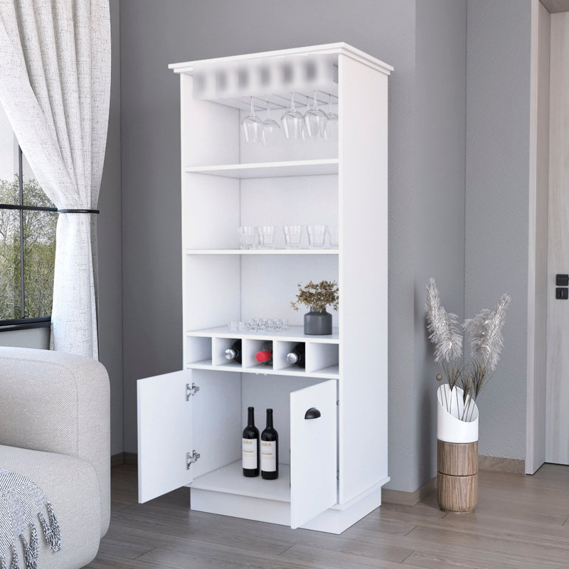 Bar blanc avec rangement pour bouteilles efficace - 3 tablettes, 5, porte-verres élégant pour la structure de divertissement à domicile