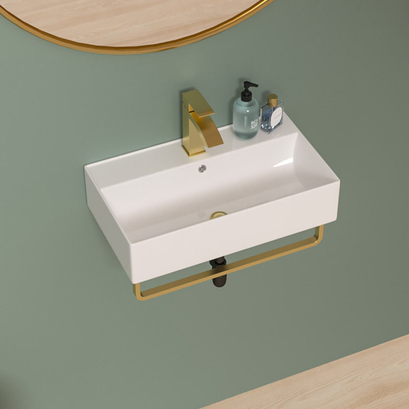21" x 12" Wall Mounted Bathroom Sink with Towel Rack, White Rectangle Wall Hung Ceramic Lavatory Sink with Overflow and Faucet