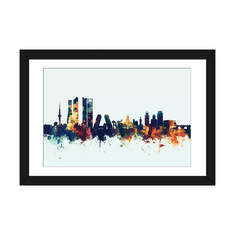 Skyline Series: Madrid, Espagne, impression sur toile tendue en bleu, H 16 po x l 24 po x P 1 po, Papier d'art encadré noir