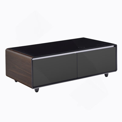 Modern Smart Coffee Table With Built-In Fridge, Bluetooth Speakers, Wireless Charging, Power Socket, USB Ports, Rgb Light, Brown