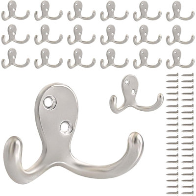 Paquet de 20 crochets muraux à suspendre, crochet métallique double robuste pour le salon, la salle de bain, la cuisine, la chambre à coucher pour manteau, sac, écharpe, serviette, chapeau, clé, tasse (argent)