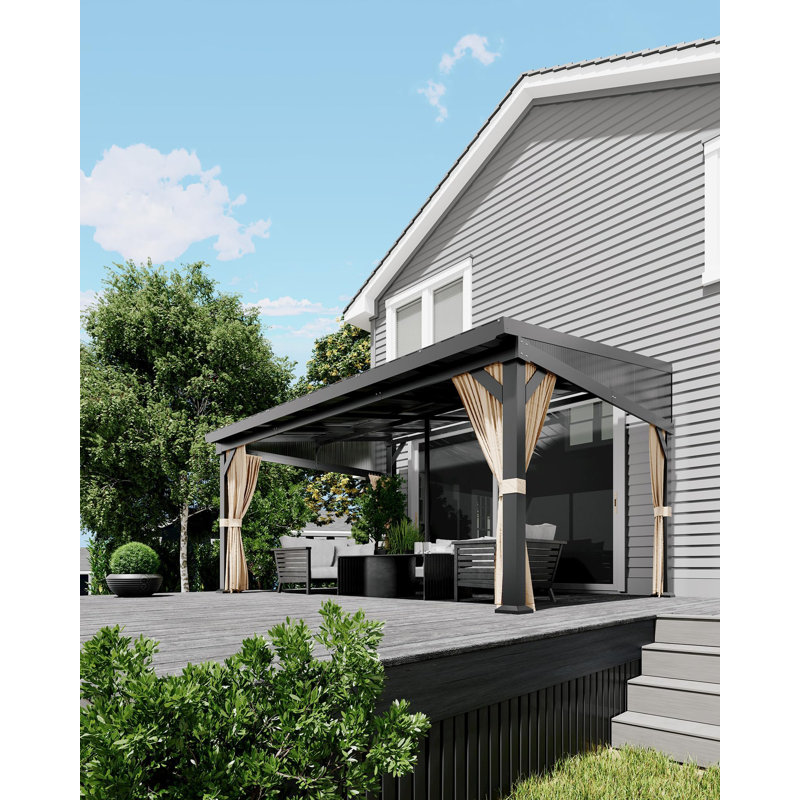 10'x14' Wall-Mounted Hardtop Lean to Gazebo with Aluminum Frame & Galvanized Steel Roof, Netting & Curtains for Patio,Garden