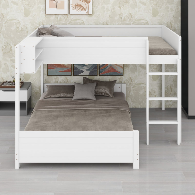 Lit superposé en bois peu encombrant, tablette de rangement intégrée et échelle avec support à lattes stable, White