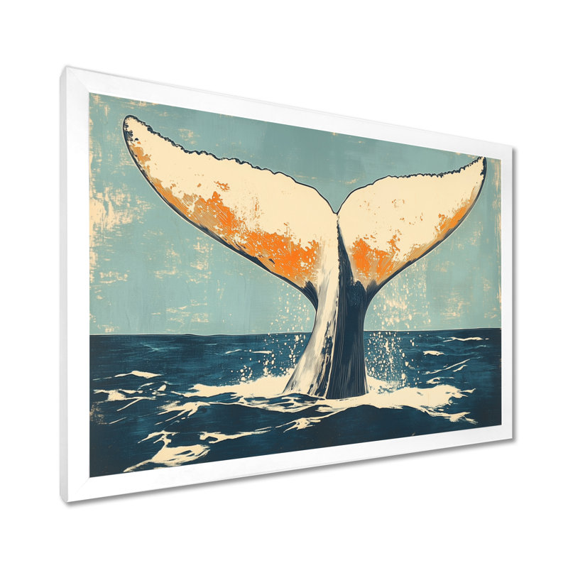 Whale Tail on the Open Sea I - Linocut Framed Canvas Wall Art, H 24 po x l 32 po, White Picture Framed