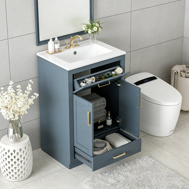 Meuble-lavabo avec lavabo, 2 portes et 1 tiroir basculant, Bleu