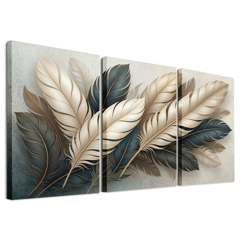 Ensemble de 3 toiles crème et sarcelle sur fond gris texturé, 30"H x 20"W x 3pcs