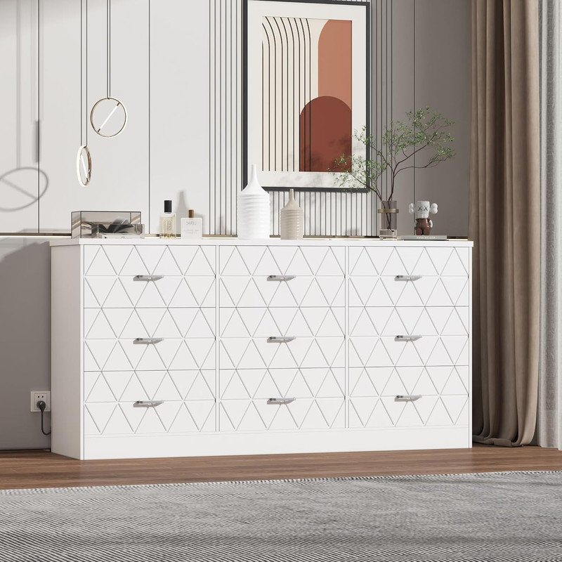 63" 9-Drawer Dresser with Power Outlet - Modern Charging Station & Storage for Bedroom & Living Room, White