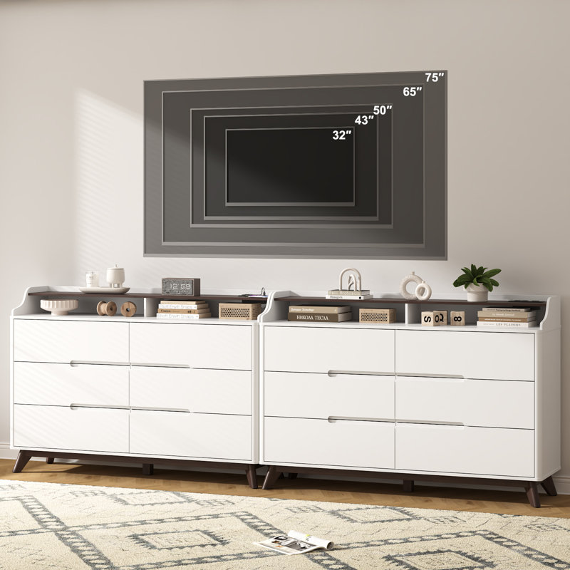 Dresser For Bedroom With 6 Drawers, 55" Large Dresser & Chest Of Drawers With Charging Station, Wood Closet Clothes Storage Long Dressers Organizer For Bedroom Living Room Hallway, White