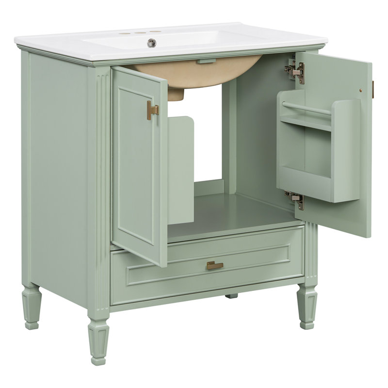 Meuble-lavabo de 30 po avec lavabo, meuble-lavabo autoportant avec 1 tiroir et 2 portes à fermeture en douceur avec rangement pour porte, structure et pieds en bois massif, un paquet
