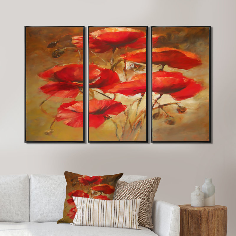 «Red Blossoming Poppies IV», peinture sur toile 3 pièces, Noir, H 28 po x l 36 po