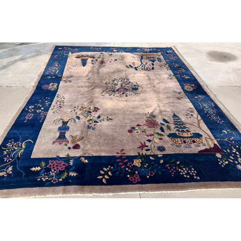 Room Size Chinese - Art Deco Wool Ivory Knotted Antique Rectangle 1920s Rug