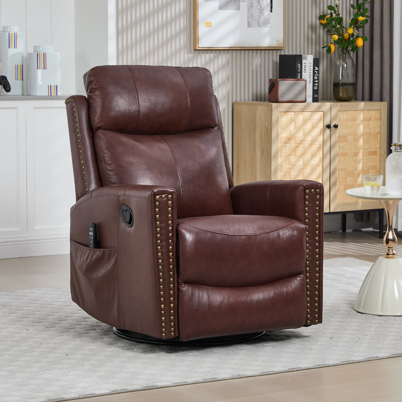 30.5 "W Manual Genuine Leather Swivel Rocker Recliner Vintage Recliner With Heated Massage, Burgundy