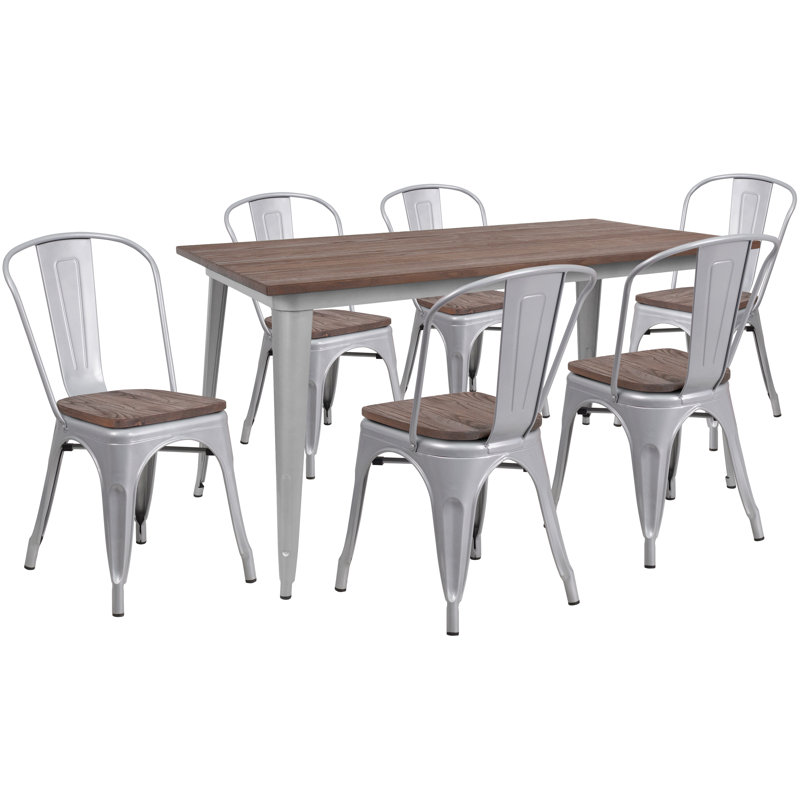 Lafonya 7 Piece Solid Wood Dining Set, Silver, Brown, 7 pieces