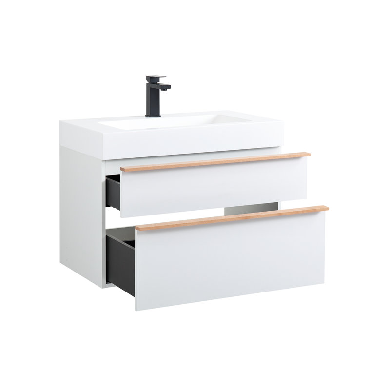 Meuble-lavabo blanc de 30 po, fixation murale, pré-assemblé, glissières de tiroir à fermeture en douceur, poignées en bois véritable bicolore, lavabo en acrylique de haute qualité intégré, séparateurs de rangement intégrés