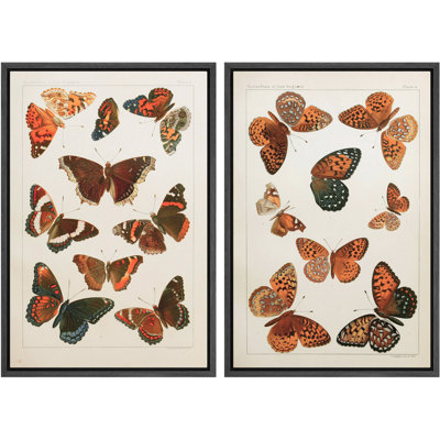 Vintage Butterfly Artwork, Living Room Pictures, Framed Canvas Giclee Print 2 Pieces Wall Art