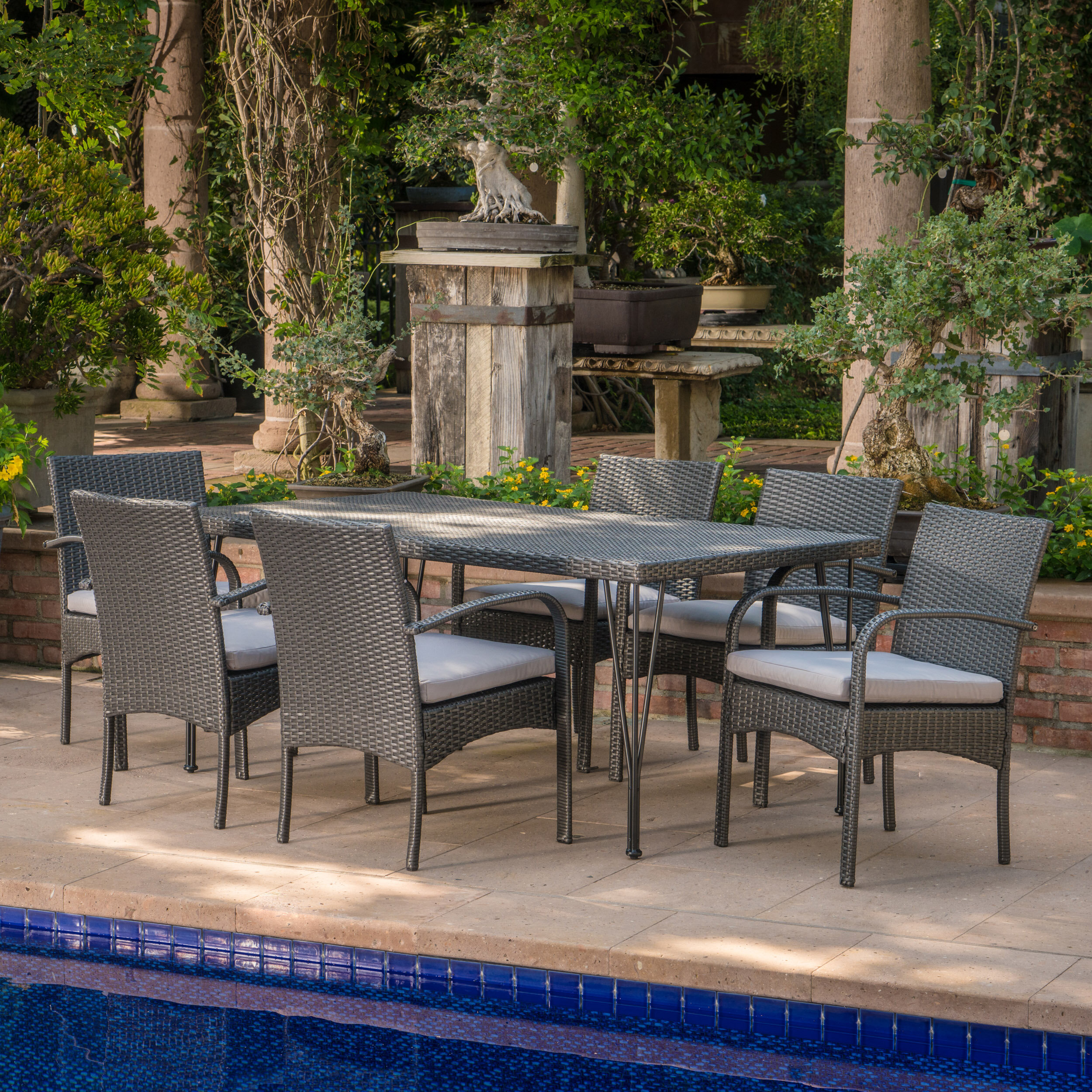 Ivy Bronx Maia Outdoor Wicker 7 Piece Dining Set with Cushions ...