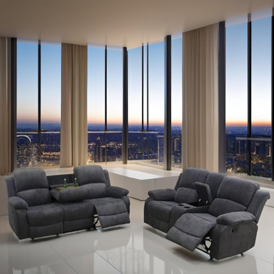 Black Faux Leather 2-Piece Reclining Living Room Set with Storage Console and Cup Holders