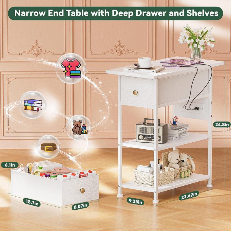 Narrow Nightstand-Charging Station Bedside Table Side Table Dresser for Bedroom Small Spaces White