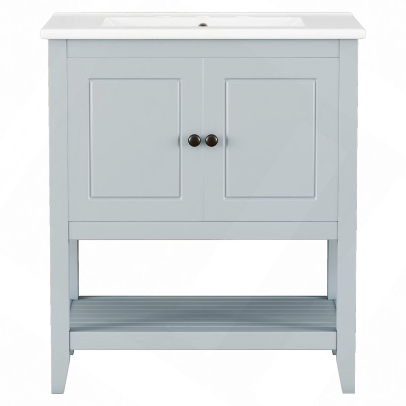 Modern Sleek Bathroom Vanity Elegant Ceramic Sink With Solid Wood Frame Open Style Shelf & Door Shelf Design, Grey, 30"