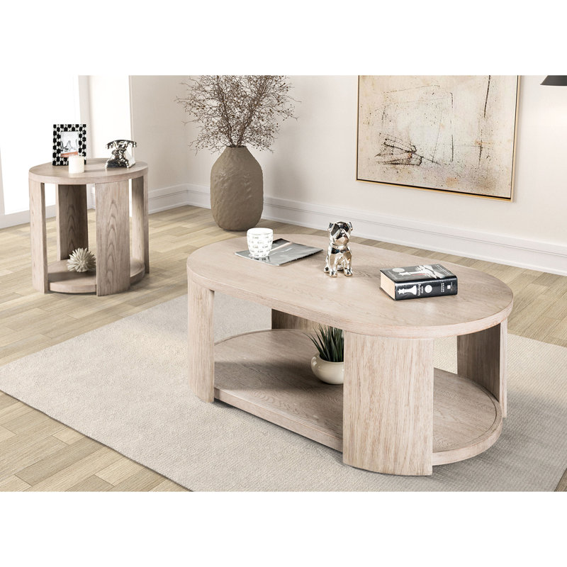 Table basse ovale moderne, en bois d'ingénierie, fini chêne, 71 cm de largeur, rangement ouvert, design monobloc, placage, 127 cm de largeur, structure en bois d'hévéa