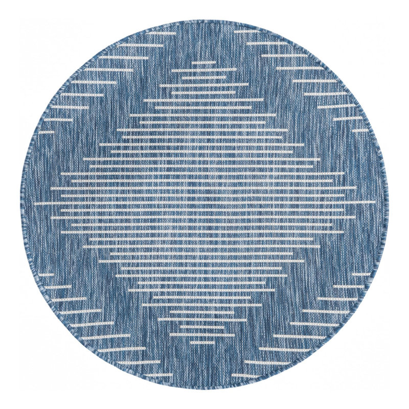 Geometric Machine Woven Polypropylene Indoor / Outdoor Area Rug in Gray/Blue, Round 10'8"