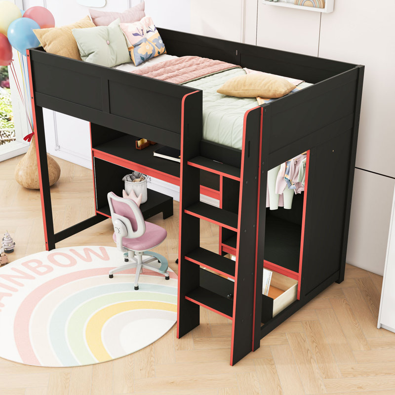 Lit mezzanine en bois avec bureau, garde-robe, DEL et tiroir, Simple