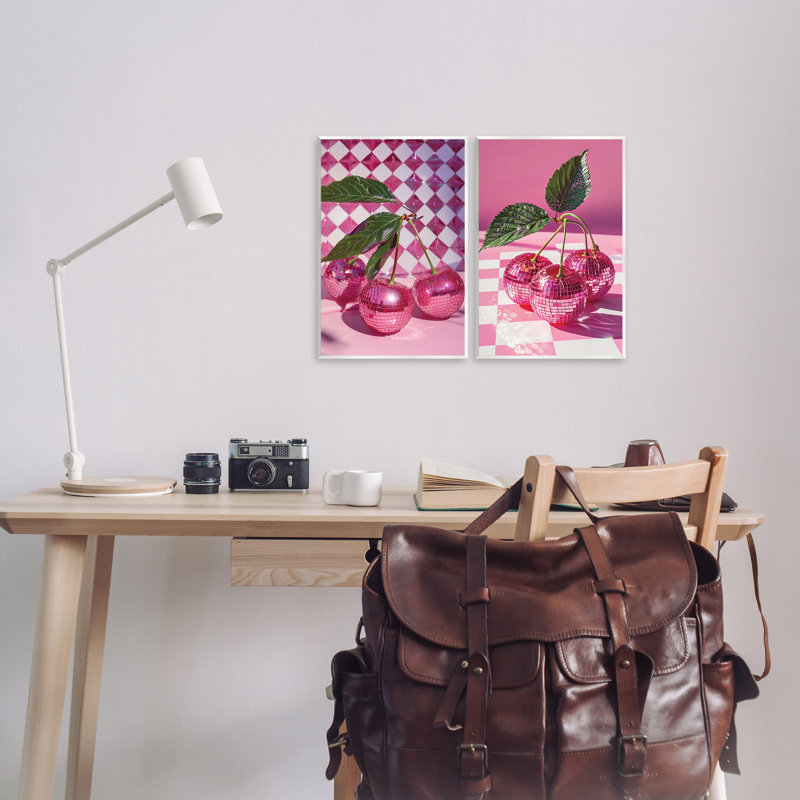 «Retro Glam Checkerboard Cherries», ensemble de 2 plaques murales, design par LSR Creative Studio, H 15 po x l 10 po