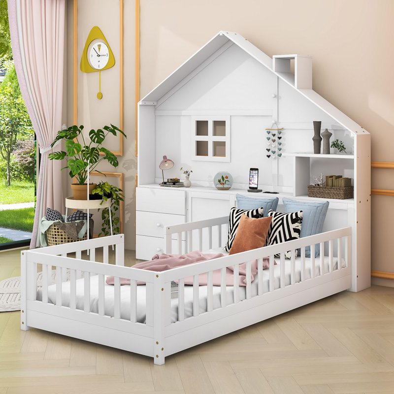 Ahyonna Lazelle 2 Drawers Wood House-Shape Platform Bed with Shelves and a set of Sockets, White, Twin
