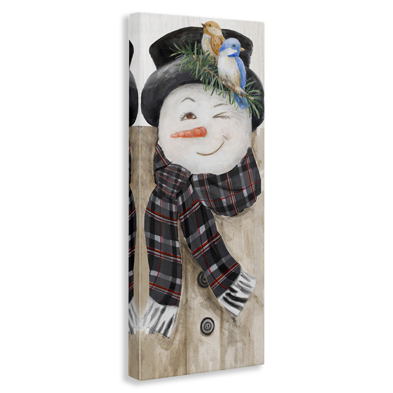 «Snowman Wink Winter Birds Rustic Plaid Scarf XL», art mural sur toile tendue par Lanie Loreth, H 48 po x l 20 po