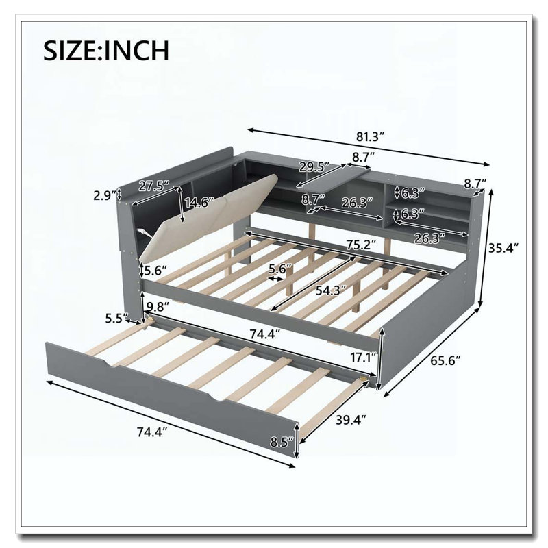 Lit plateforme en bois avec lit gigogne