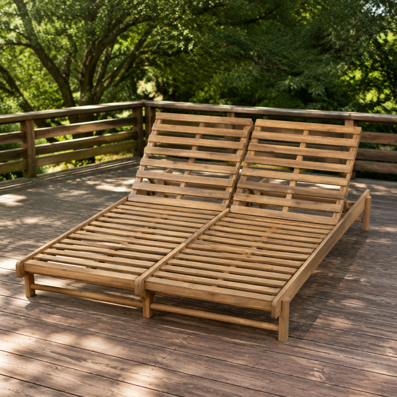Chaise longue double en bois d'acacia massif avec dossiers réglables pour deux personnes, avec finition et conception à lattes durable